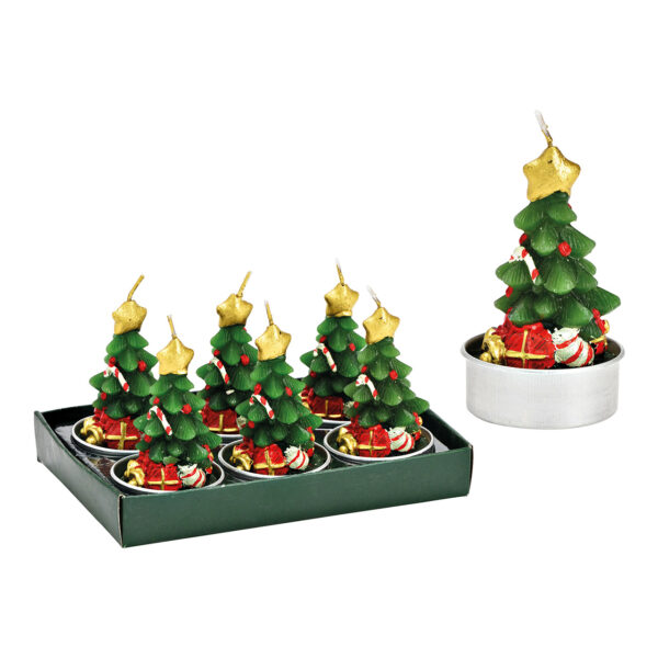Juego de velas de té Árbol de Navidad 4x6x4cm Juego de 6, fabricado en cera verde (An./Al./Pr.) 14x8x9cm