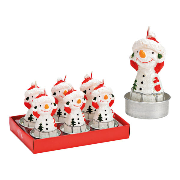 Juego de velas de té muñeco de nieve 4x8x4cm Juego de 6, fabricado en cera blanca (An./Al./Pr.) 14x8x9cm