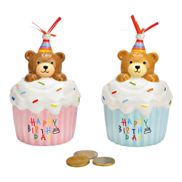 Hucha de cerámica con forma de cupcake y osito, Happy Birthday, azul, rosa/rosa, 2 compartimentos, (ancho/alto/fondo) 8 x 14 x 8 cm