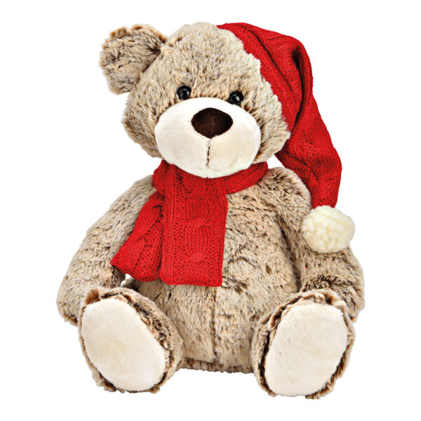 Oso con gorro de punto, bufanda de peluche marrón, rojo (ancho x alto x profundidad) 22 x 26 x 17 cm