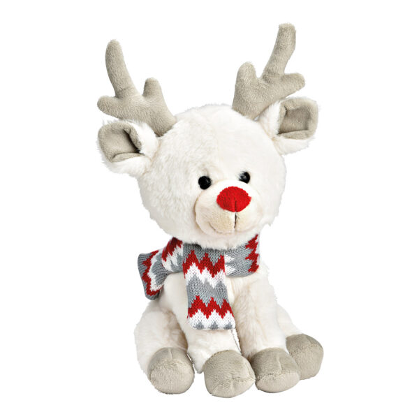 Reno sentado con bufanda de peluche blanca (An./Al./Pr.) 16x34x18cm