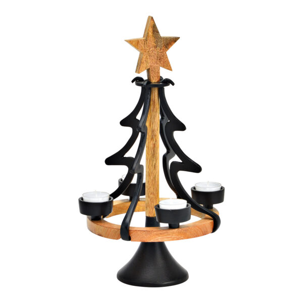 Decoración de Adviento, árbol de Navidad para 4 velas de té de metal, madera de mango negro (An./Al./Pr.) 22x38x22cm