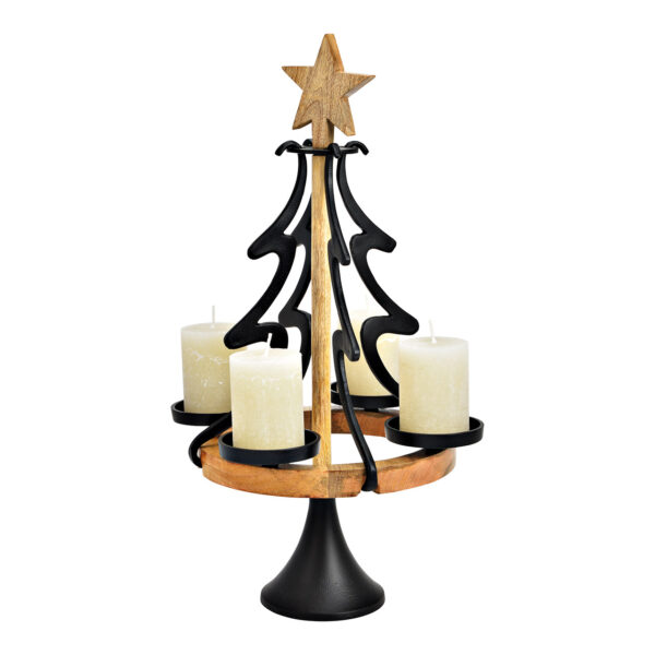 Adorno de Adviento, árbol de Navidad para 4 velas de 8 cm, fabricado en metal, madera de mango negro (An./Al./Pr.) 33x58x33cm