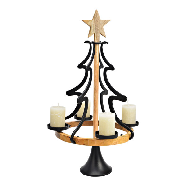 Adorno de Adviento, árbol de Navidad para 4 velas de 8 cm, fabricado en metal, madera de mango negro (An./Al./Pr.) 43x75x43cm