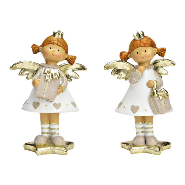 Ángel con caja de regalo de poli oro, blanco, doble cara, (An./Al./Pr.) 10 x 15 x 6 cm