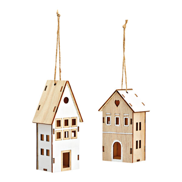 Casita colgante de madera blanca, doble hoja, (An./Al./Pr.) 5x10x4cm 5x13x4cm
