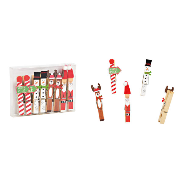 Juego de pinzas, motivo navideño 1x9x1cm, juego de 8, de madera de colores (An./Al./Pr.) 12x9x2cm