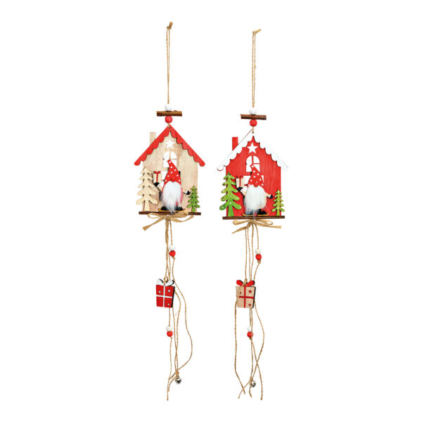 Casita colgante con decoración de gnomos de madera roja, natural, 2 compartimentos, (ancho/alto/profundidad) 11 x 48 x 1 cm