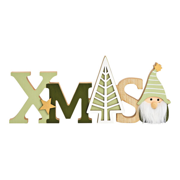 Decoración de gnomo con inscripción «Xmas» en madera de color verde (ancho x alto x profundidad) 29 x 12 x 2 cm
