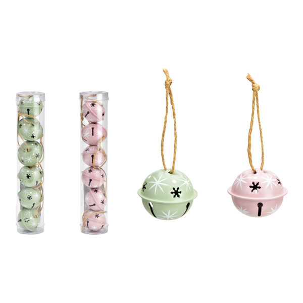 Campanas navideñas 4x2x4cm set de 6, hechas de metal rosa, verde 2 surtido, (An/Al/Pr) 4x21x4cm