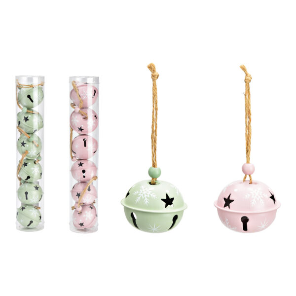 Campanas navideñas 5x4x5cm set de 6, hechas de metal rosa, verde 2 surtido, (An/Al/Pr) 5x27x5cm
