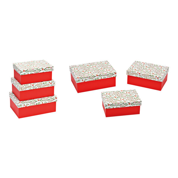 Caja de regalo con diseño de Feliz Navidad, juego de 3 adornos de hojas, de papel/cartón en color rojo (ancho/alto/profundidad): 21 x 8 x 14 cm, 19 x 8 x 13 cm, 17 x 7 x 11 cm