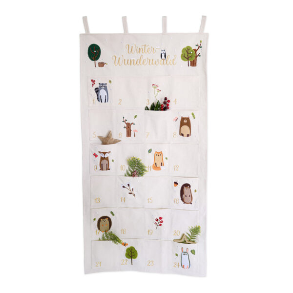 Calendario de adviento con animales del bosque de algodón beige (ancho x alto) 60 x 120 cm, bolsa 13 x 14 cm, bordado de alta calidad, trabillas para colgar