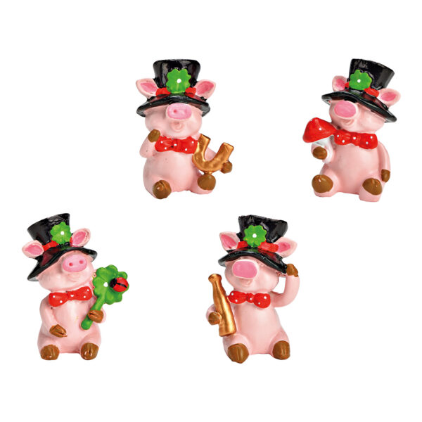 Cerdito de la suerte con sombrero de copa en bolsa de regalo de polipropileno rosa, cuádruple, (ancho/alto/profundidad) 3 x 4 x 2 cm, en expositor de 24 piezas