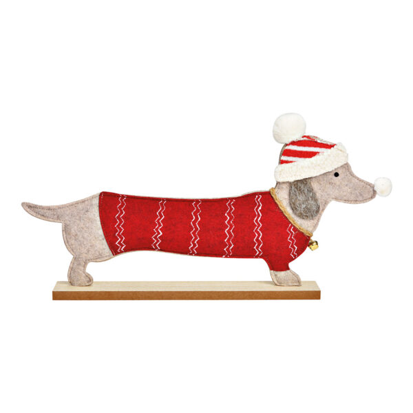 Soporte para perro salchicha sobre base de madera de fieltro rojo (An./Al./Pr.) 46 x 24 x 5 cm