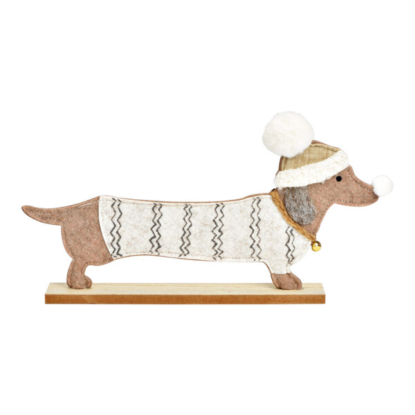 Figura de perro salchicha de pie sobre base de madera de fieltro beige (ancho x alto x profundidad) 33 x 18 x 4 cm