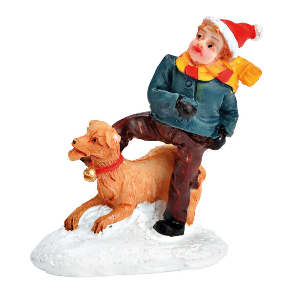 Niño en miniatura con perro fabricado en poli de colores (An./Al./Pr.) 4x5x2cm