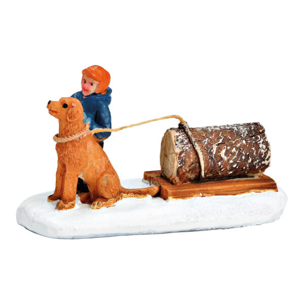 Niño en miniatura con perro tirando del tronco de un árbol hecho de poli de colores (An./Al./Pr.) 8x5x4cm