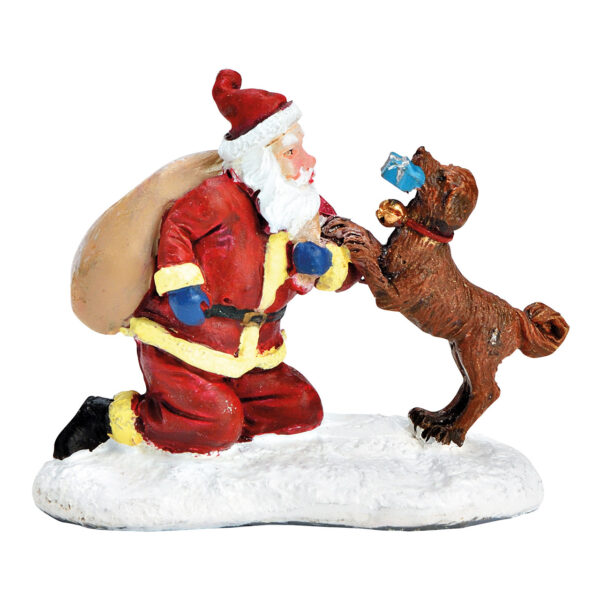 Papá Noel en miniatura con perro fabricado en poli de colores (An./Al./Pr.) 6x6x3cm