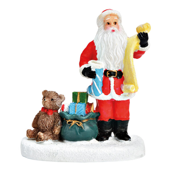 Papá Noel en miniatura que trae regalos, hecho en policarbonato de colores (ancho, alto y profundidad): 6 x 8 x 4 cm