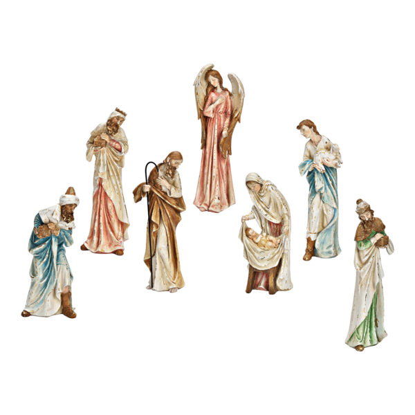 Juego de 7 figuras de belén, fabricadas en poli de colores (altura) 25-30 cm
