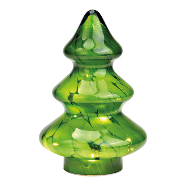 Árbol de Navidad con 10 LED con temporizador 16/8 de cristal verde (An./Al./Pr.) 14x20x14cm, sin 2 pilas AAA