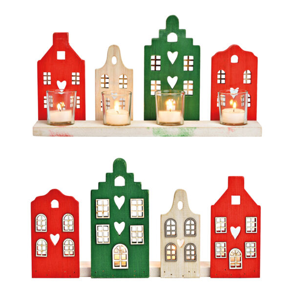 Lámpara de viento Townhouse para 4 velas de té de madera, cristal verde, rojo (an./al./pr.) 37x20x8cm