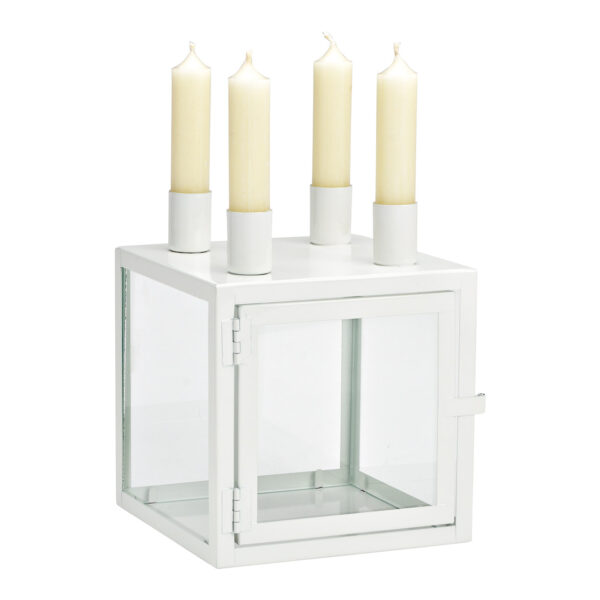 Corona de Adviento, portavelas en caja de metal/cristal blanco (ancho/alto/profundidad) 15x19x15cm