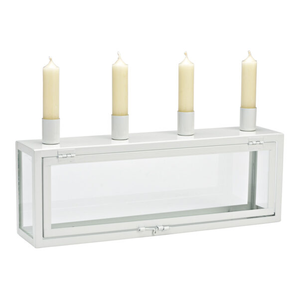 Corona de Adviento, portavelas en caja de metal/cristal blanco (An./Al./Pr.) 38x17x8cm