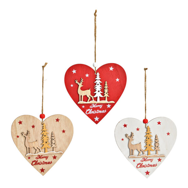 Para colgar corazón, Feliz Navidad de madera de álamo natural, rojo, blanco 3 surtido, (An./Al./Pr.) 15x15x1cm