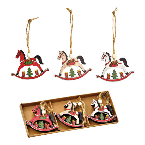 Caballo balancín colgante 8x6x1cm set de 9, fabricado en madera rojo, rosa, blanco (An/Al/Pr) 26x10x2cm