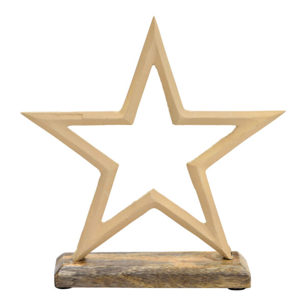 Soporte de estrella sobre base de madera de mango fabricado en metal beige (An./Al./Pr.) 20x21x5cm