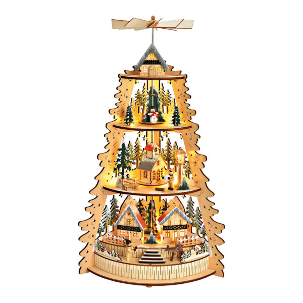Pirámide navideña de madera natural (An./Al./Pr.) 31x52x17cm, funcionamiento con pilas 3xAA no incluidas, caja de pilas de doble función con temporizador