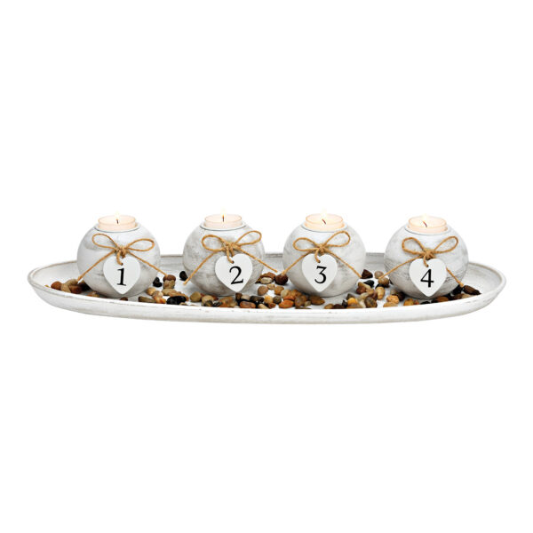 Arreglo de Adviento, juego de 4 portavelas de 9x8x9cm con piedra decorativa de 175 g, bandeja de 50x3x18cm, juego de 6, de madera blanca (An./Al./Pr.) 50x9x18cm