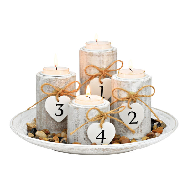 Arreglo de Adviento, juego de 4 portavelas de 6 cm, 9 cm, 12 cm de alto x 6 cm de diámetro, con piedra decorativa de 60 g, bandeja de 25 x 3 x 25 cm, juego de 6, hecho de madera blanca (ancho x alto x profundidad) 25 x 12 x 25 cm