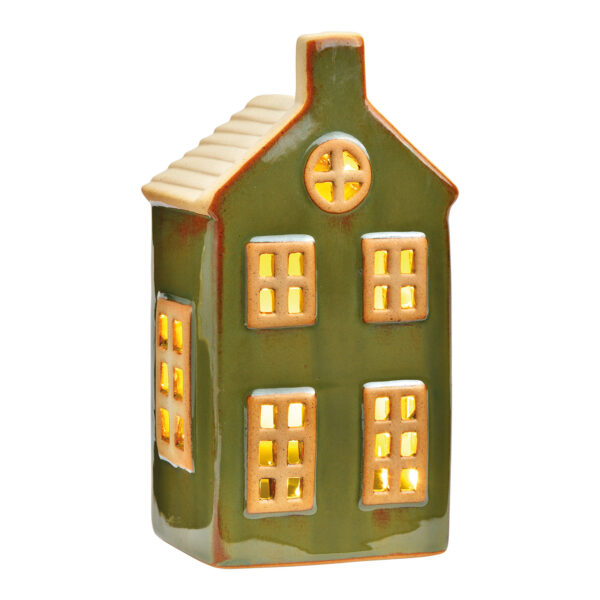 Casa con LED de cerámica verde (An./Al./Pr.) 8x16x6cm Funcionamiento con pilas 3XAG13 no incluidas