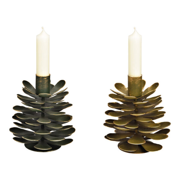 Candelabro de metal verde con forma de abeto, 2 compartimentos, (ancho/alto/fondo) 12 x 13 x 12 cm