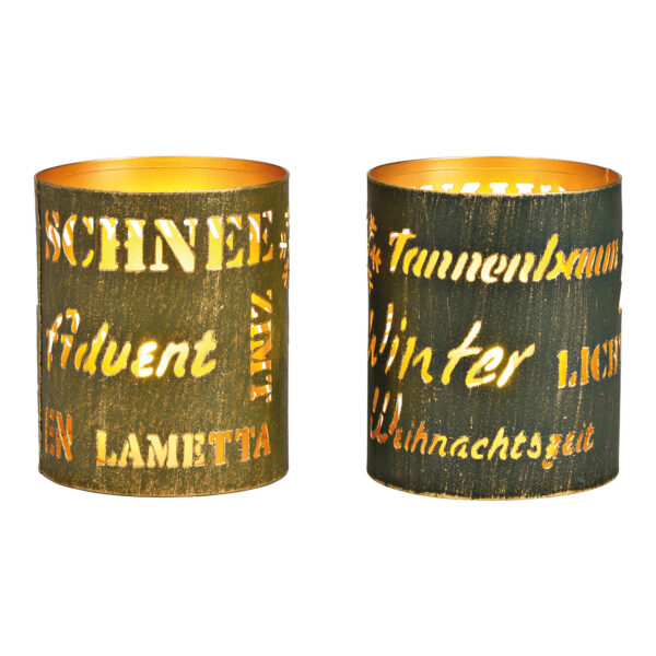 Farol de viento con letras navideñas de metal verde, 2 compartimentos, (ancho/alto/profundidad) 8 x 10 x 8 cm