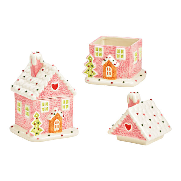 Casita de jengibre de cerámica en lata de color rosa (ancho/alto/profundidad) 11 x 15 x 10 cm