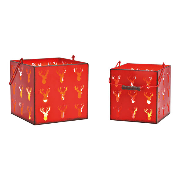 Juego de faroles, decoración de ciervos, juego de 2, fabricados en metal rojo (An./Al./Pr.) 22x24x22cm 18x21x18cm