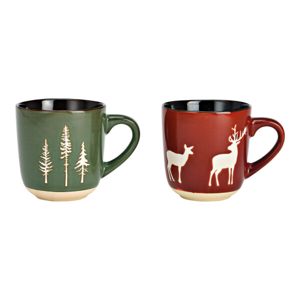Taza ciervo, decoración bosque invernal, de gres marrón, verde 2 compartimentos, (ancho/alto/profundidad) 13 x 10 x 9 cm 420 ml