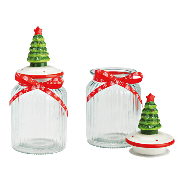 Tarro de almacenamiento con tapa de cerámica con forma de árbol de Navidad fabricado en vidrio transparente (An./Al./Pr.) 11x24x11cm 600ml