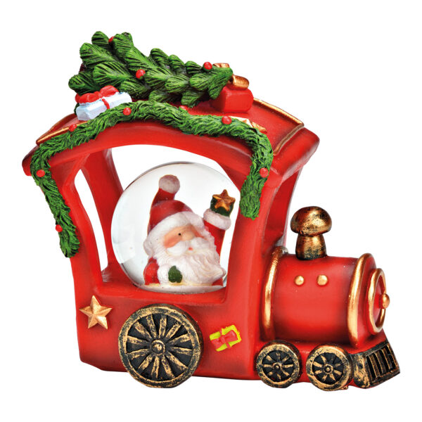 Locomotora navideña con bola de nieve, decoración de Papá Noel de poli/vidrio rojo (ancho/alto/profundidad) 11 x 10 x 6 cm