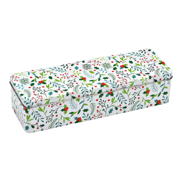 Caja de metal con decoración navideña de plantas en color blanco (An./Al./Pr.) 30x10x7cm