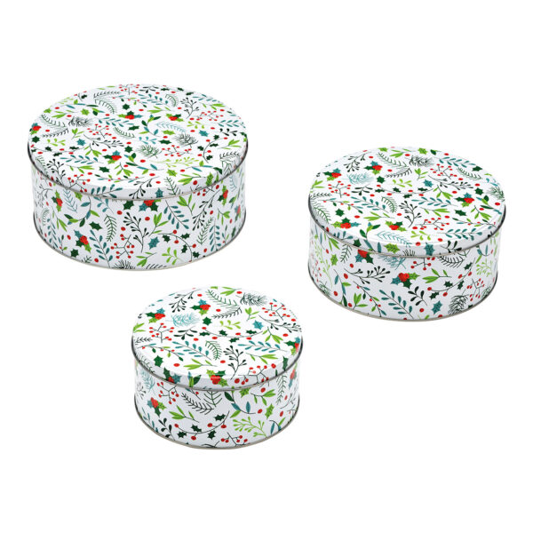 Caja de decoración navideña con plantas, juego de 3, de metal blanco (An./Al./Pr.) 19x8x19cm, 16x7,5x16cm, 13x7x13cm