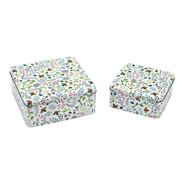 Caja de decoración navideña con plantas, juego de 2, de metal blanco (An./Al./Pr.) 20x8x20cm, 15x7x15cm