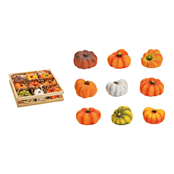 Juego de 9 calabazas en caja de madera, hechas de arcilla naranja (An./Al./Pr.) 20x20x5cm