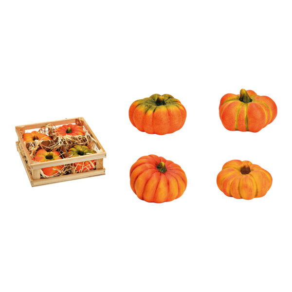 Juego de 4 calabazas en caja de madera, hechas de arcilla naranja (An./Al./Pr.) 18x18x6cm