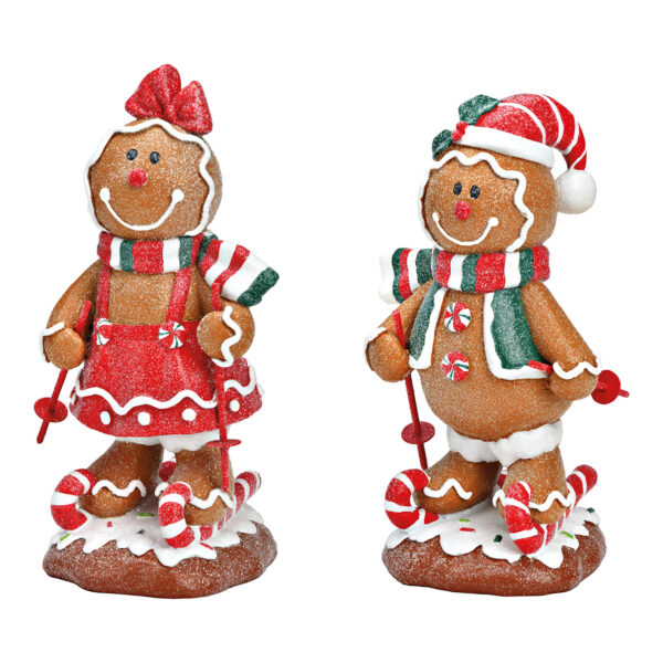 Figura de pan de jengibre sobre esquís hecha de poly marrón, doble cara, (ancho/alto/profundidad) 13x22x11cm