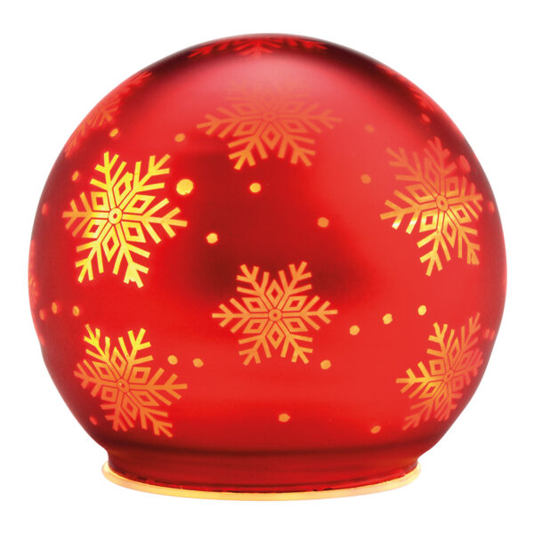 Bola de luz LED, decoración de copos de nieve, hecha de vidrio rojo mate (ancho/alto/profundidad) 12x11x12cm, con temporizador, funcionamiento con pilas 3xAA no incluidas